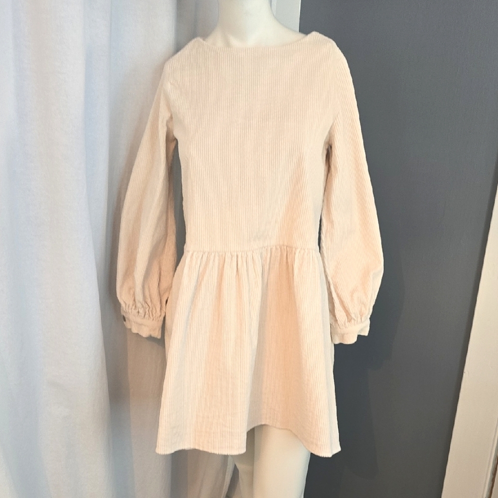 ROSAE PARIS CORDUROY LE FLORA  Cream Long-Sleeve Mini Dress SZ 34 US 2